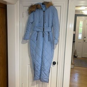 Light Blue Quilted Ski One-Piece with Faux Fur Trim